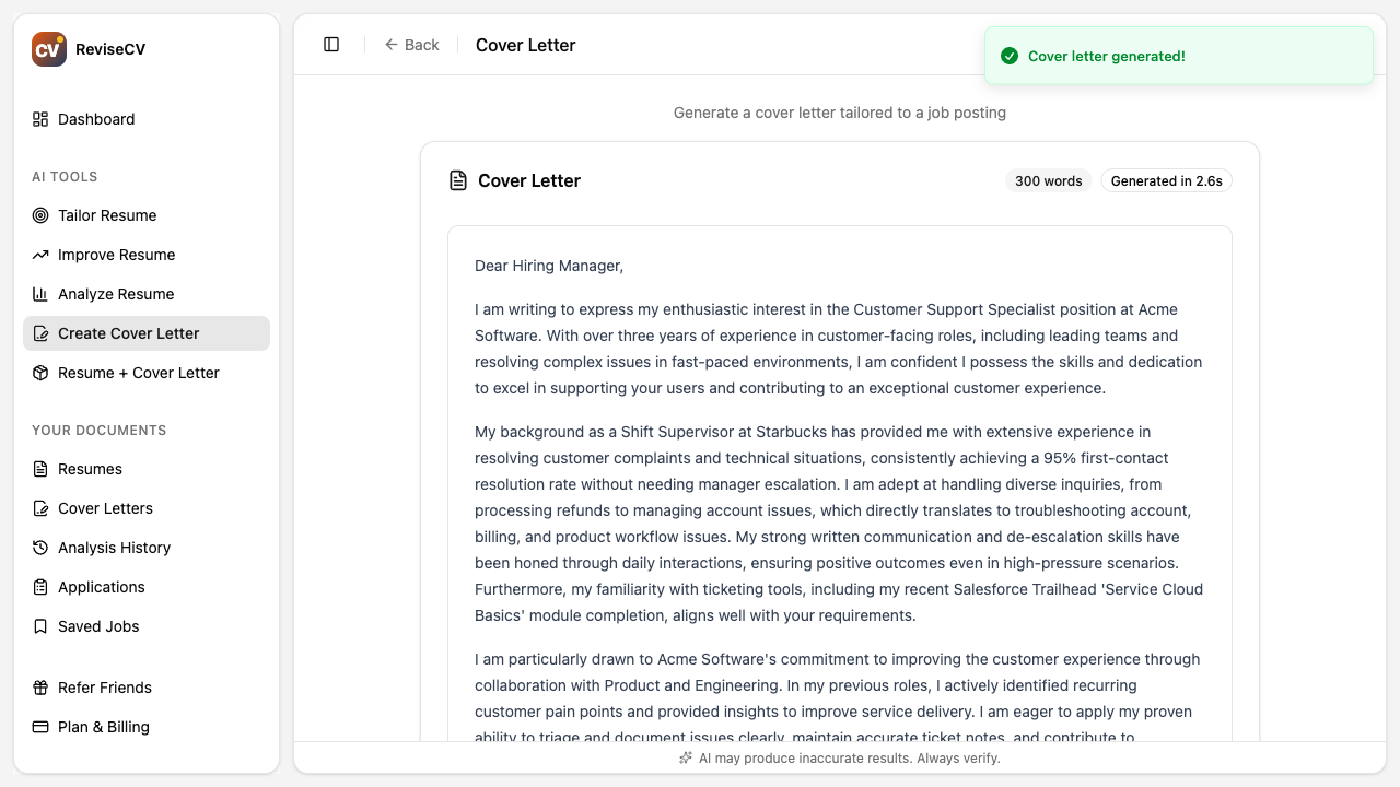 Cover letter editor with generated content ready for review
