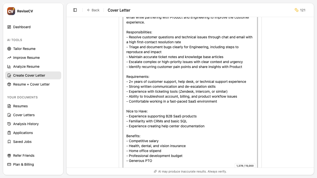 Cover letter generation progress indicator