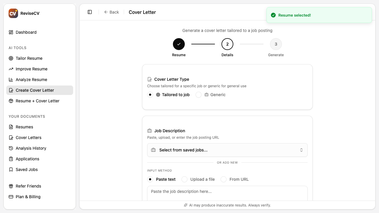 Job description input for cover letter generation