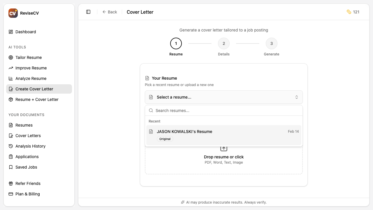 Resume selection step for cover letter generation