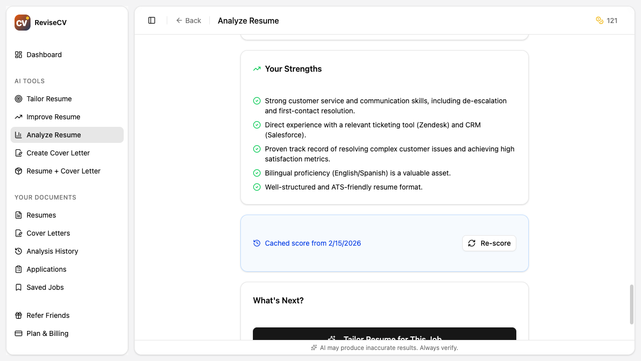 Experience relevance section of the score results