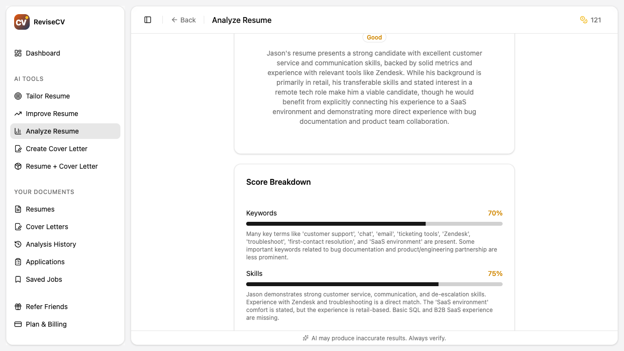 Skills alignment showing matched skills versus missing skills