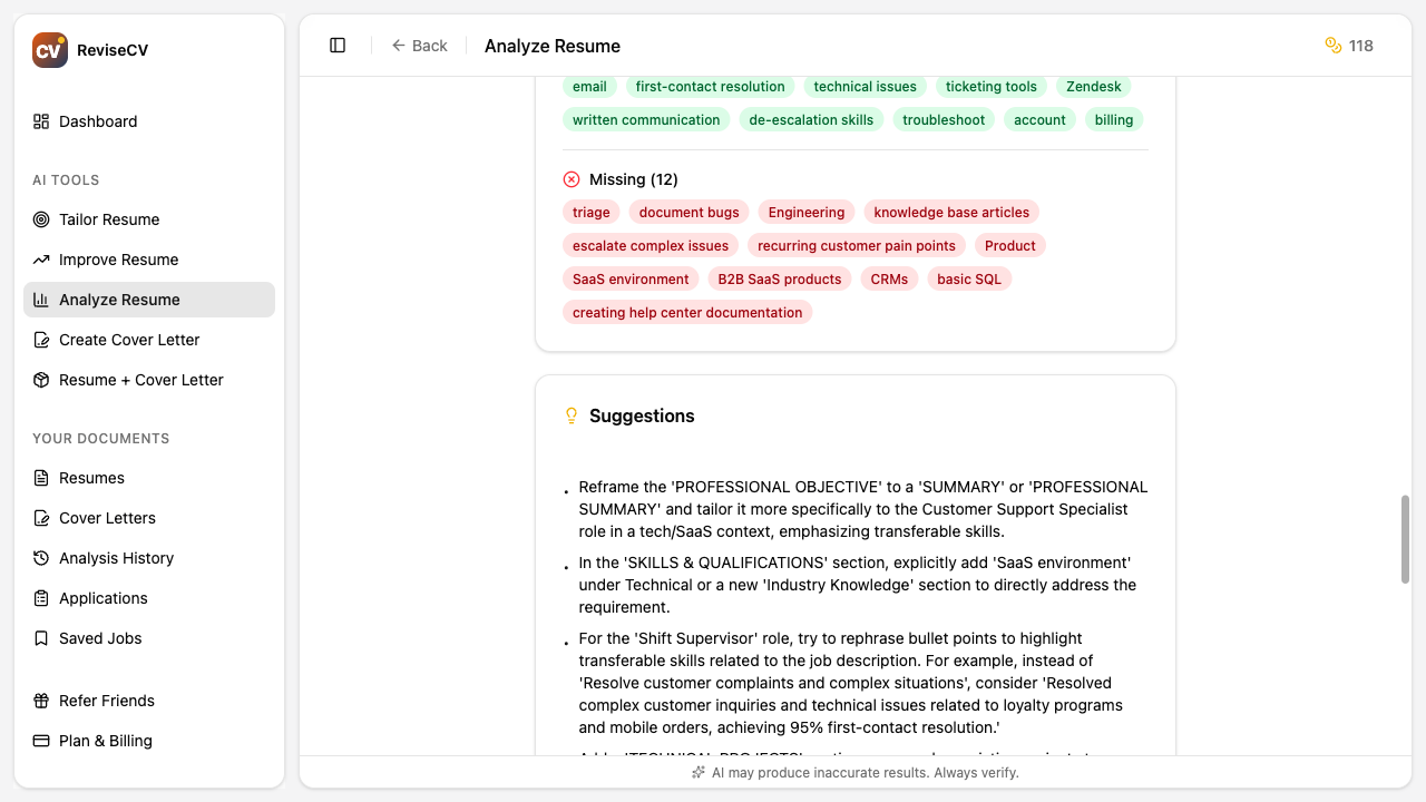 Suggestions section with actionable improvement recommendations
