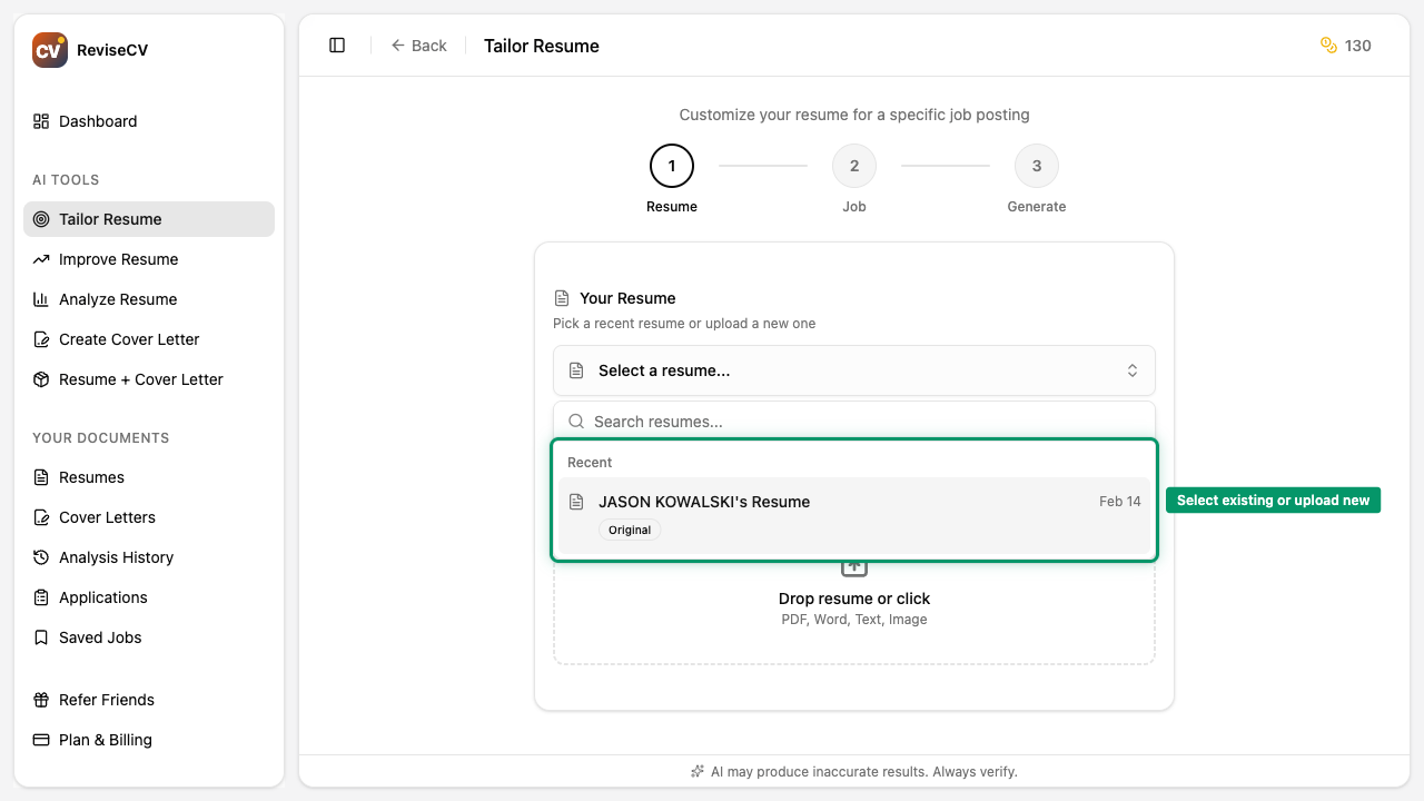 The three resume upload methods: paste, upload file, and select existing
