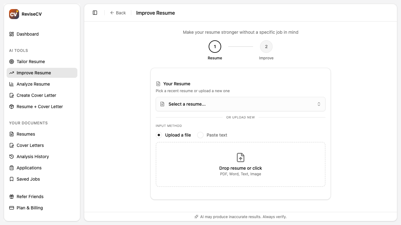 Improve Resume interface with focus area selection options
