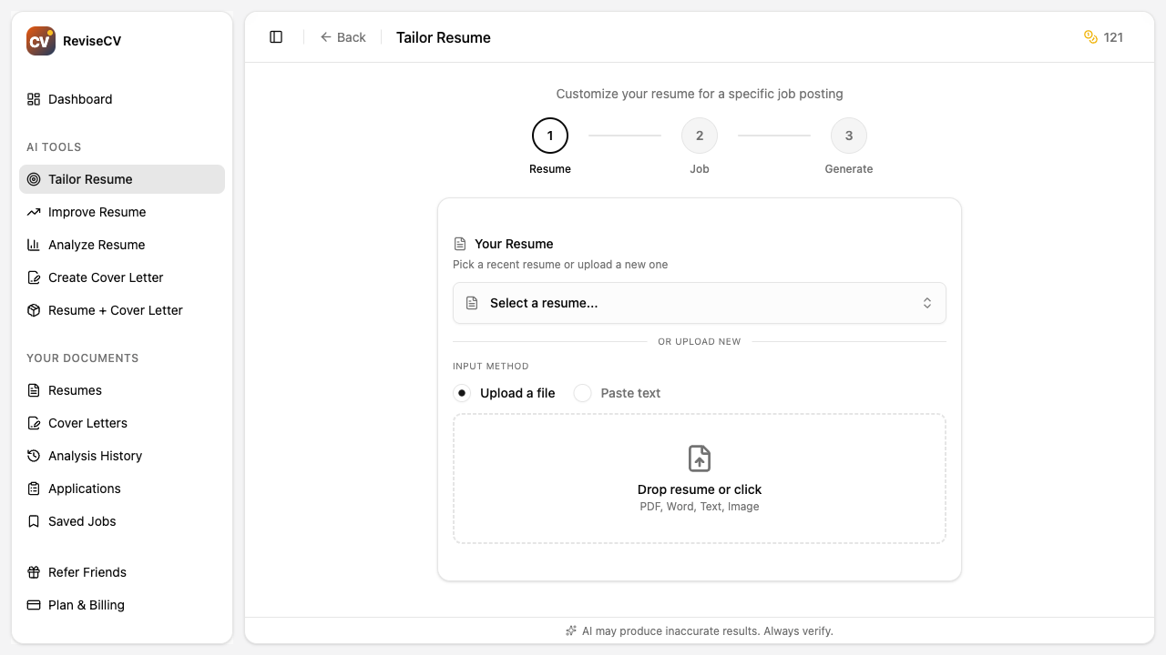 Tailor Resume interface with resume and job description inputs