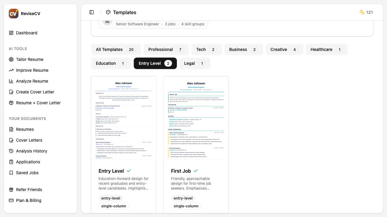 Comparison of entry-level and senior-level template choices